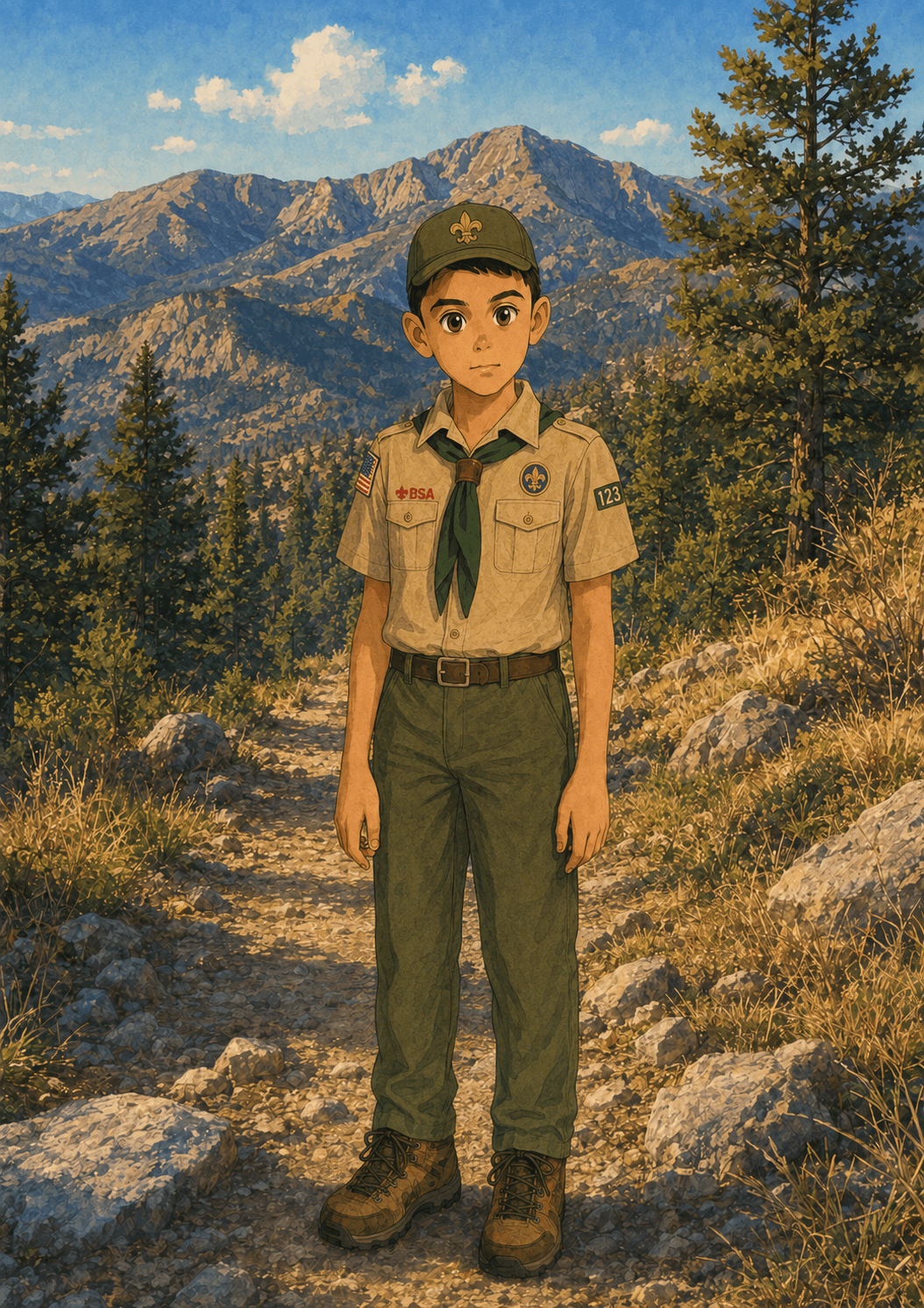 Illustrated portrait of Osaid in a scout uniform on a mountain trail